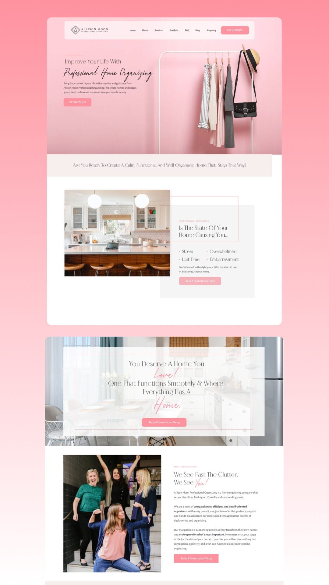 A pink and white website design for a real estate company.