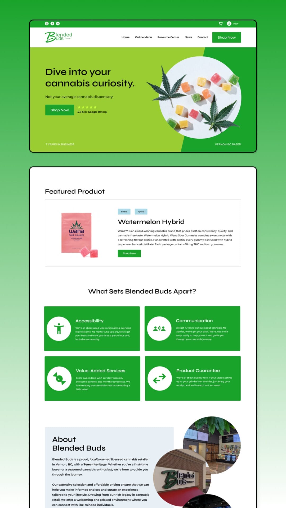 A green and white website design with a green background.