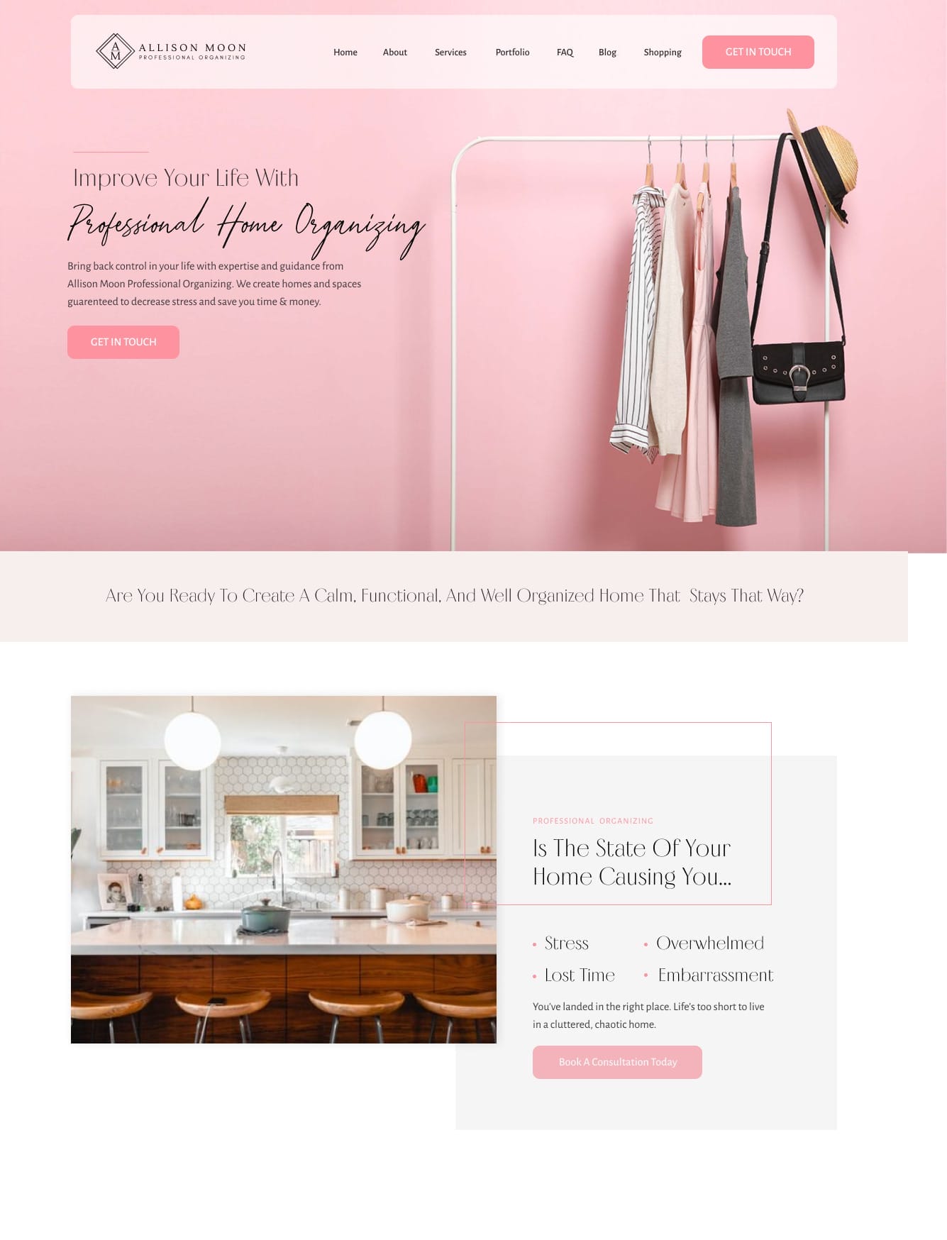 A website design for a home organization business.