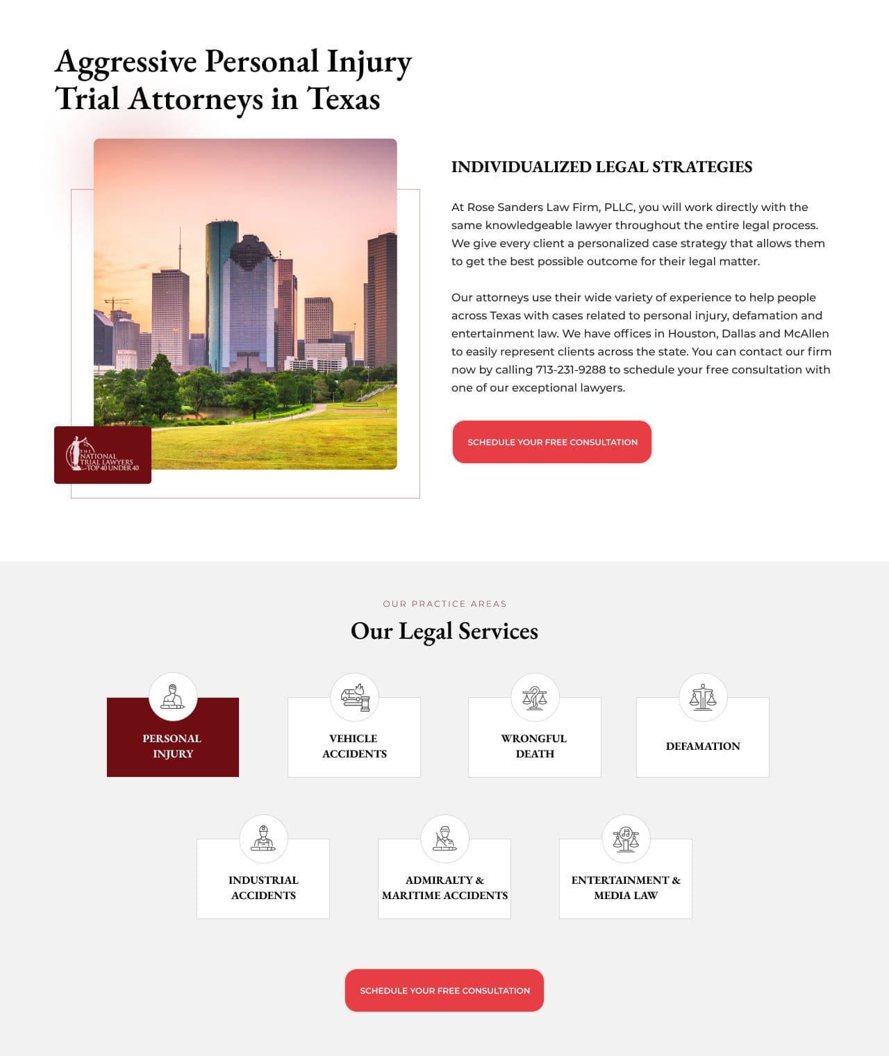 A website design for a personal injury attorney in texas.