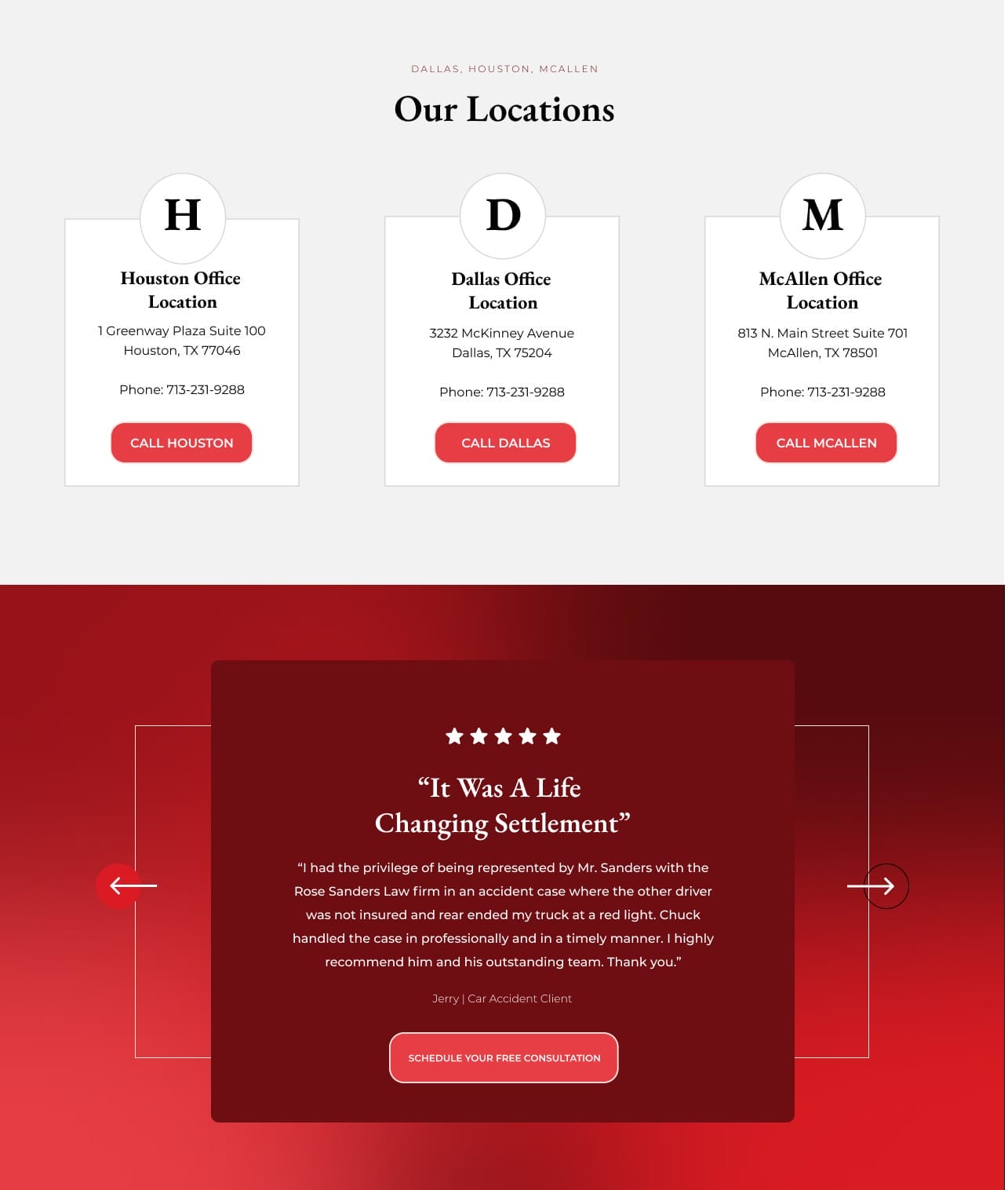 A red and white website with a white background.