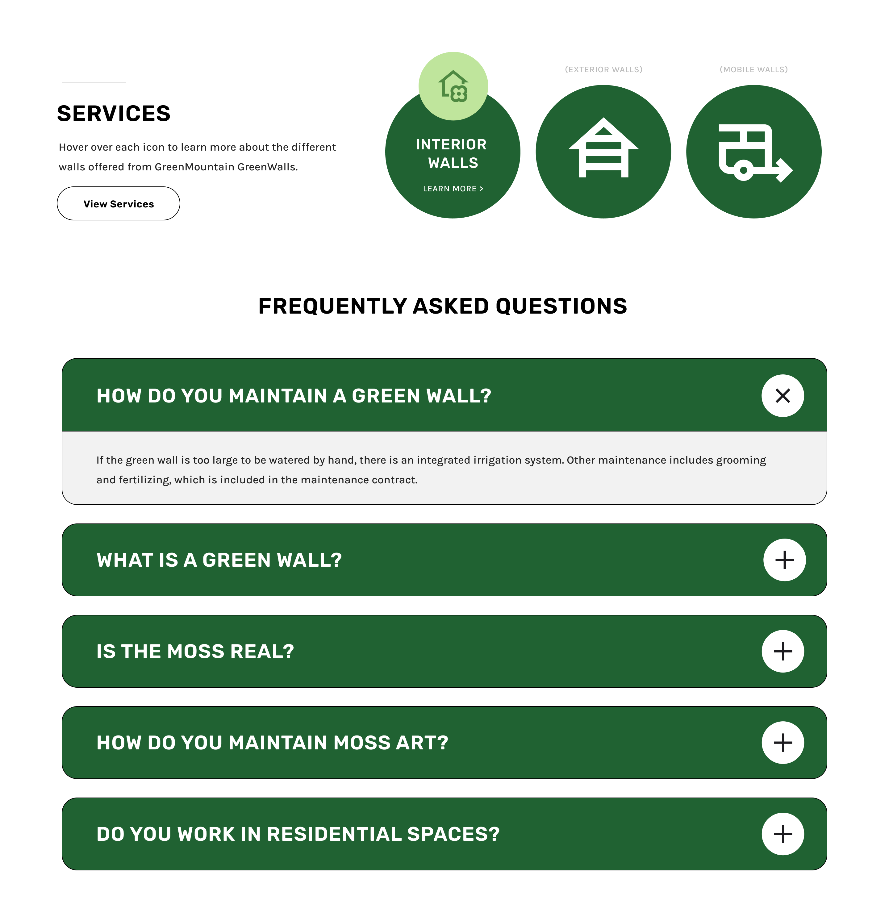 A website with a green screen and a list of frequently asked questions.