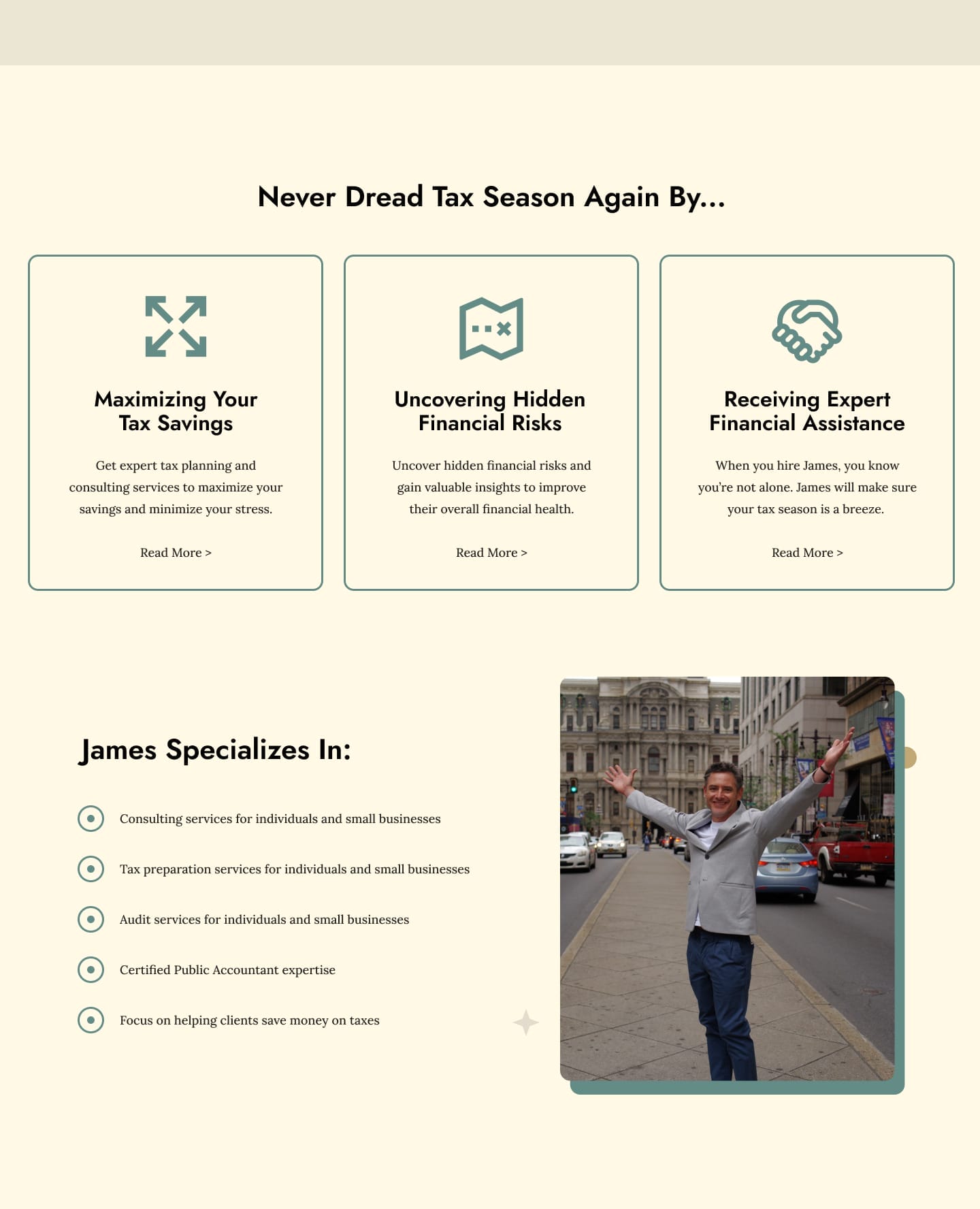 A website with a man standing in front of it.