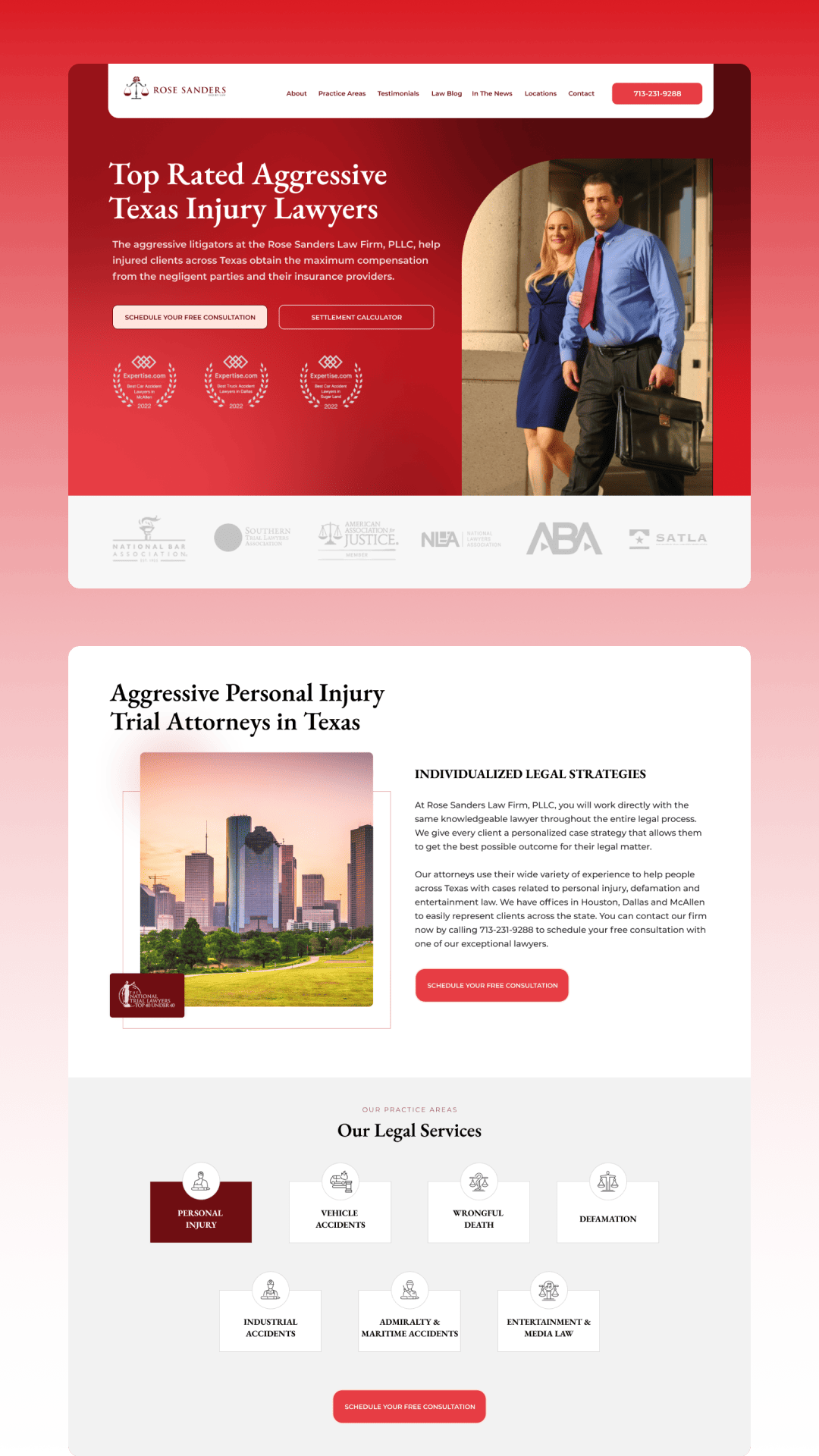 A red and white website for a law firm.
