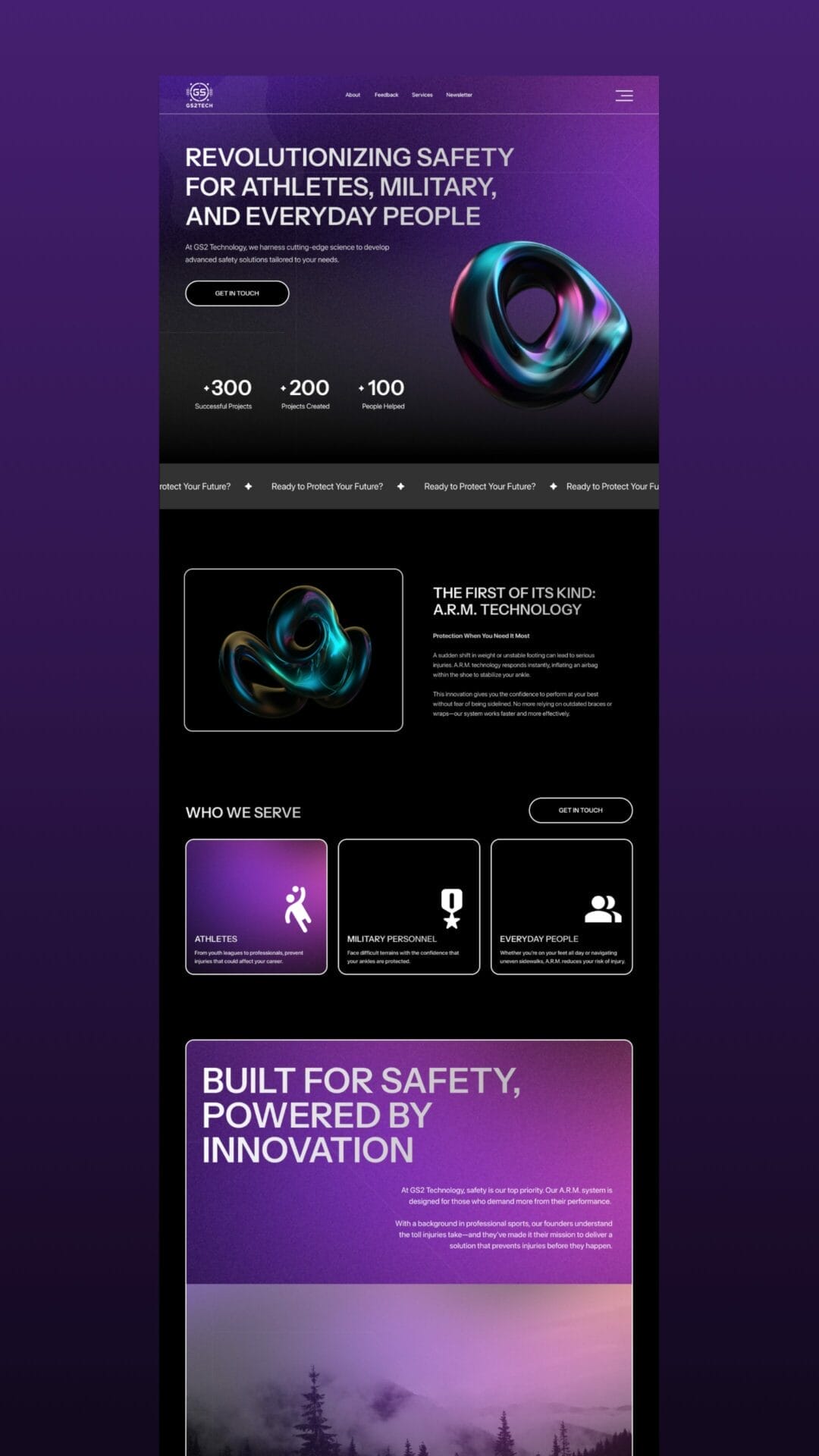 Website with a dark purple theme showcasing safety technology, featuring abstract 3D shapes and sections for athletes, military, and everyone. It highlights innovation and safety features.