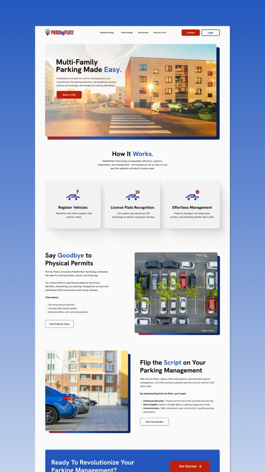 Website screenshot showing a parking management service. Includes features like vehicle registration, license plate recognition, and streamlined operations. Images of parked cars and residential buildings.