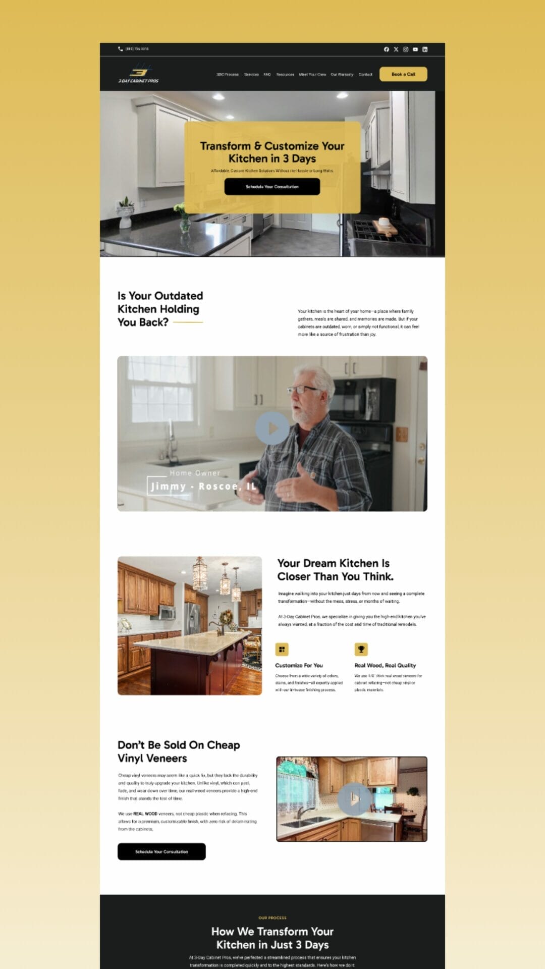 Screenshot of a kitchen remodeling website featuring a header image of a man in a kitchen, text sections about transforming kitchens, and pictures of kitchen designs.