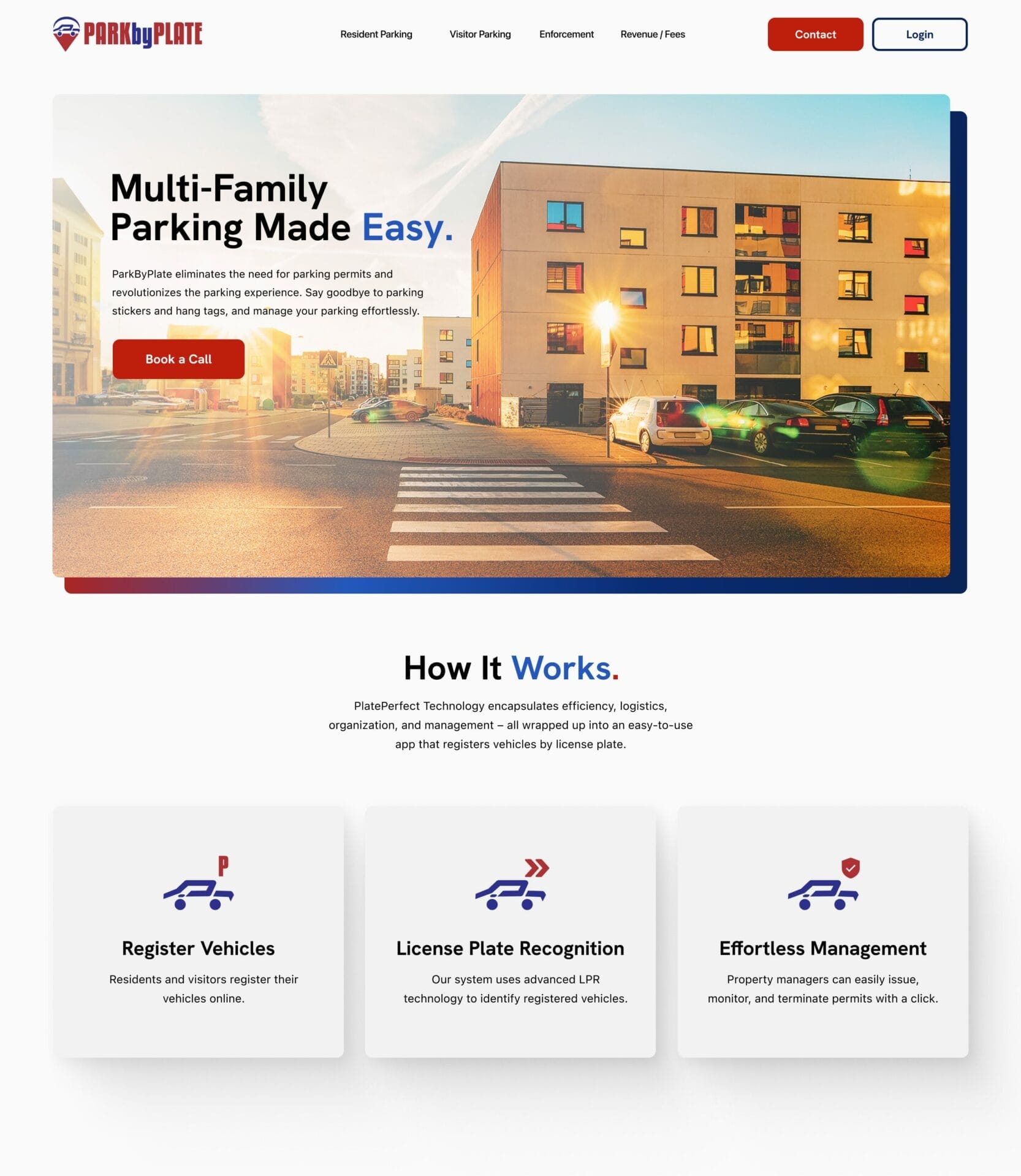 Website homepage showing a building with cars parked and a pedestrian crossing. Banner reads, "Multi-Family Parking Made Easy." Features include vehicle registration, license plate recognition, and management.