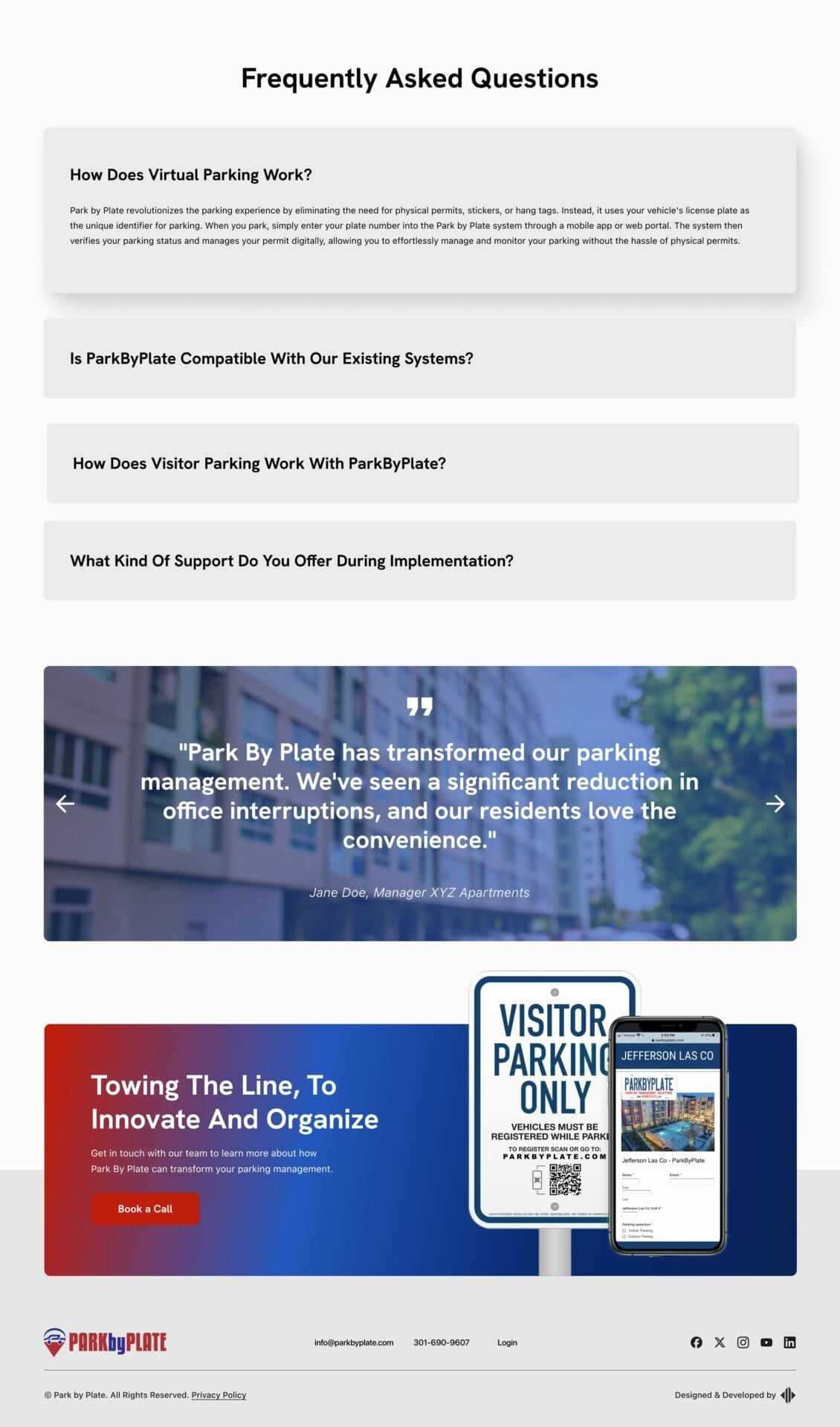 FAQ section about parking solutions, featuring client testimonials and an advertisement for towing services. Includes a quote about improved parking management and a phone number for more information.