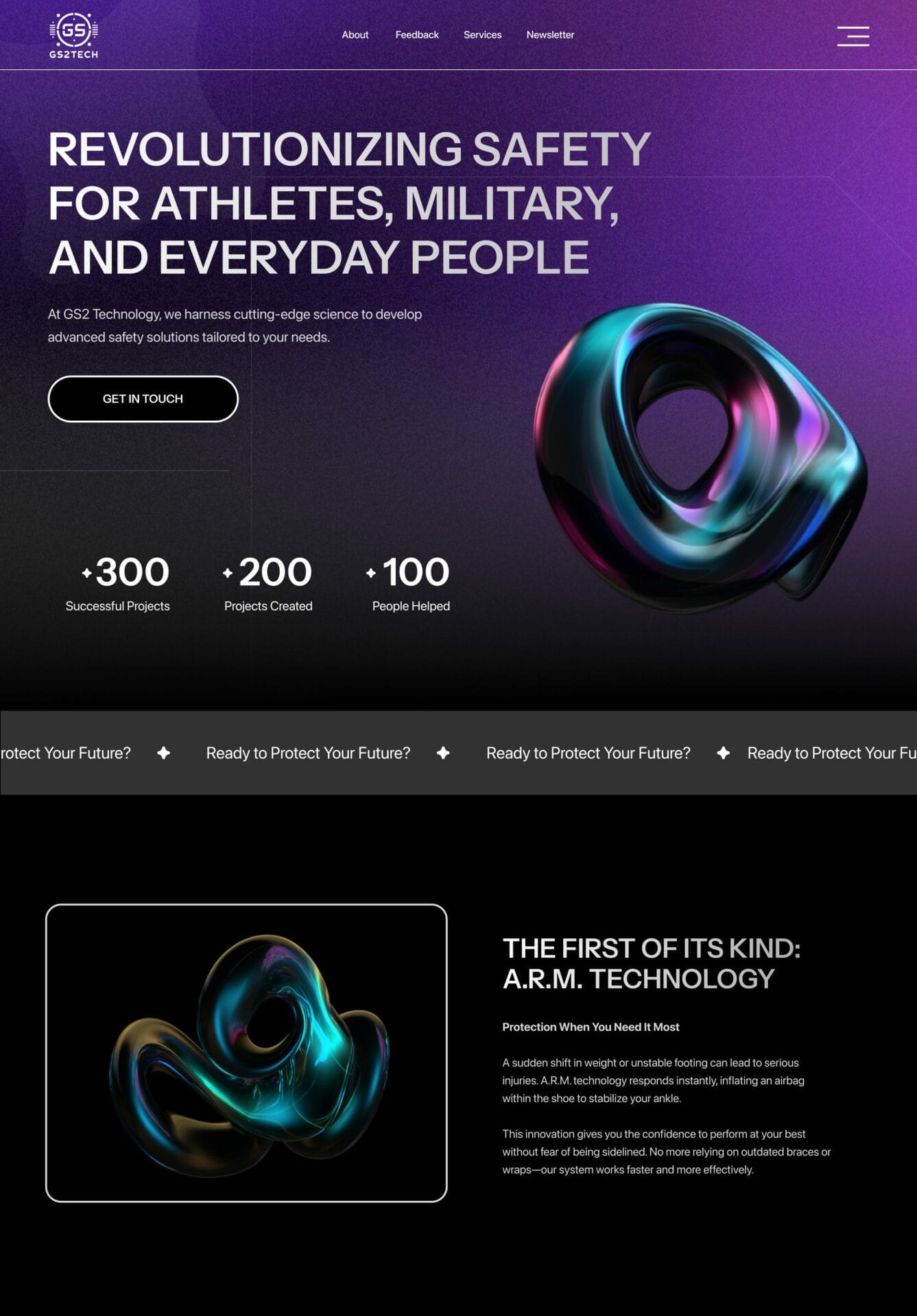 Promotional website for GS2 Technology showcasing their A.R.M. technology with a futuristic design and bold text. Includes buttons for getting in touch and information about their projects and impact.