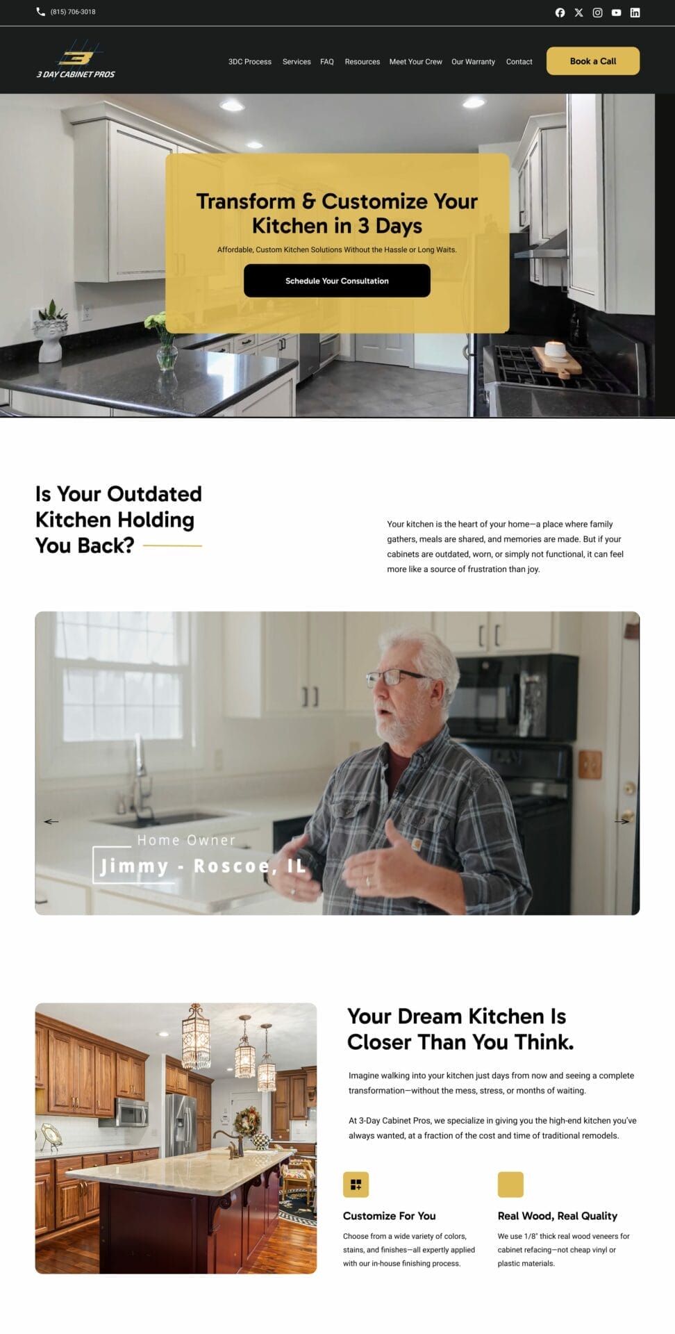 A website page promoting kitchen transformation services, featuring images of a modern kitchen and text about updating your kitchen in three days. Includes a call-to-action button for a consultation.
