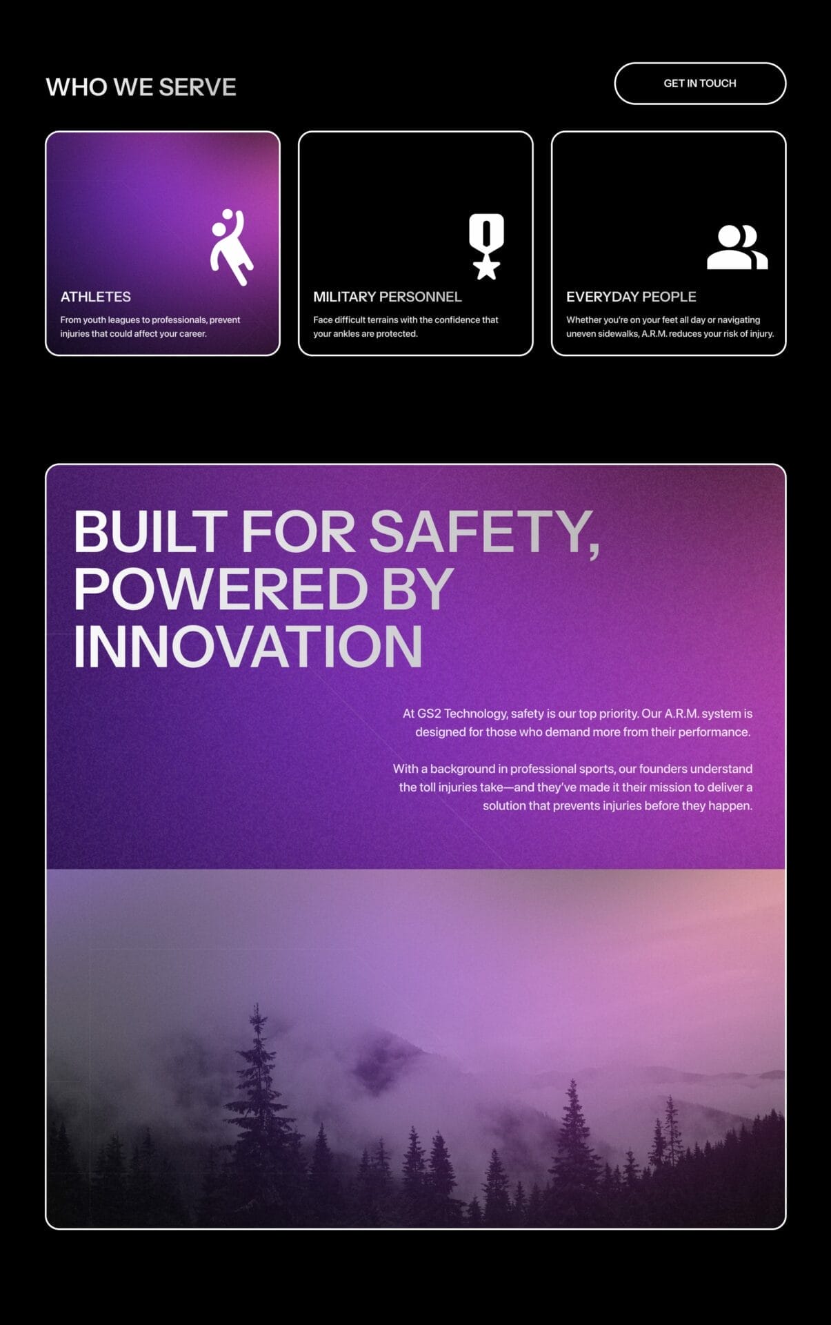 Promotional image highlighting "Who We Serve," focusing on athletes, military personnel, and everyday people. Text emphasizes safety and innovation, with a scenic forest background on the lower half.