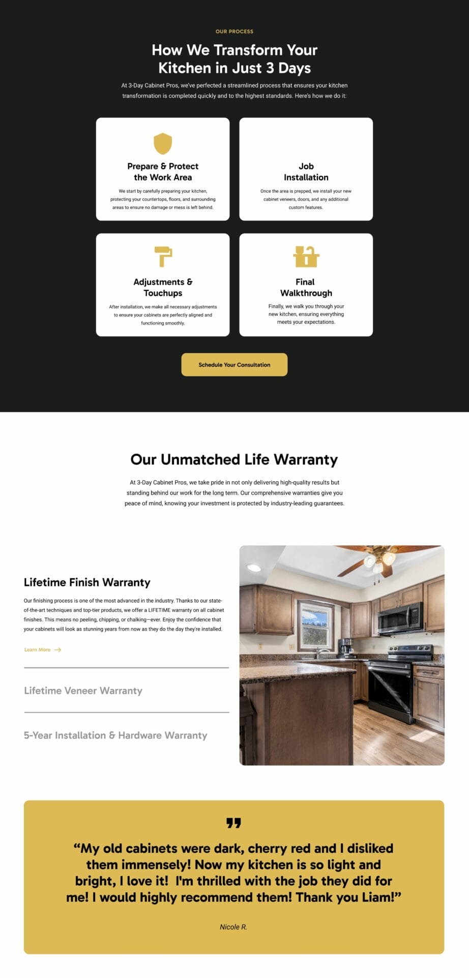 Promotional webpage for kitchen remodeling services with warranty details, customer testimonial, and a consultation button.