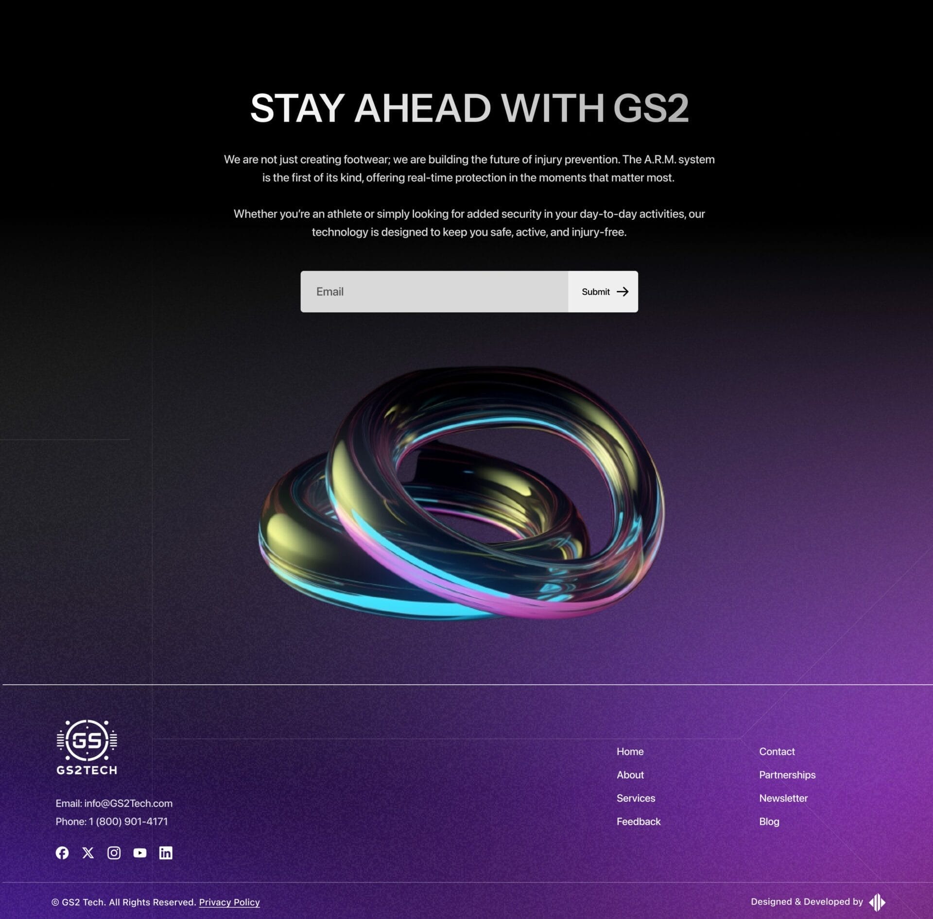 Website landing page for GS2 Tech featuring a 3D metallic knot design, a search bar, and navigation links. Text promotes their advanced injury prevention technology.