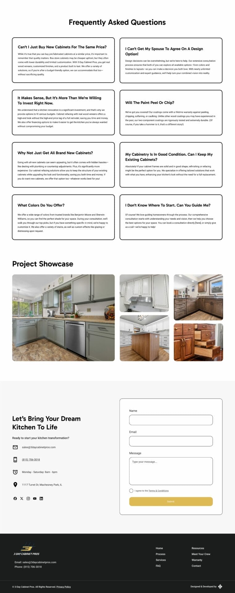 A webpage featuring FAQs about kitchen cabinets, a project showcase with images of kitchens, and a contact form for inquiries.